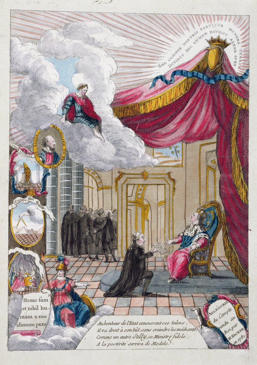 رمزية التقرير المقدم إلى لويس السادس عشر (1754-93) من قبل جاك نيكر (1732-1804) في 1781 (نقش الألوان) بواسطة المدرسة الفرنسية
