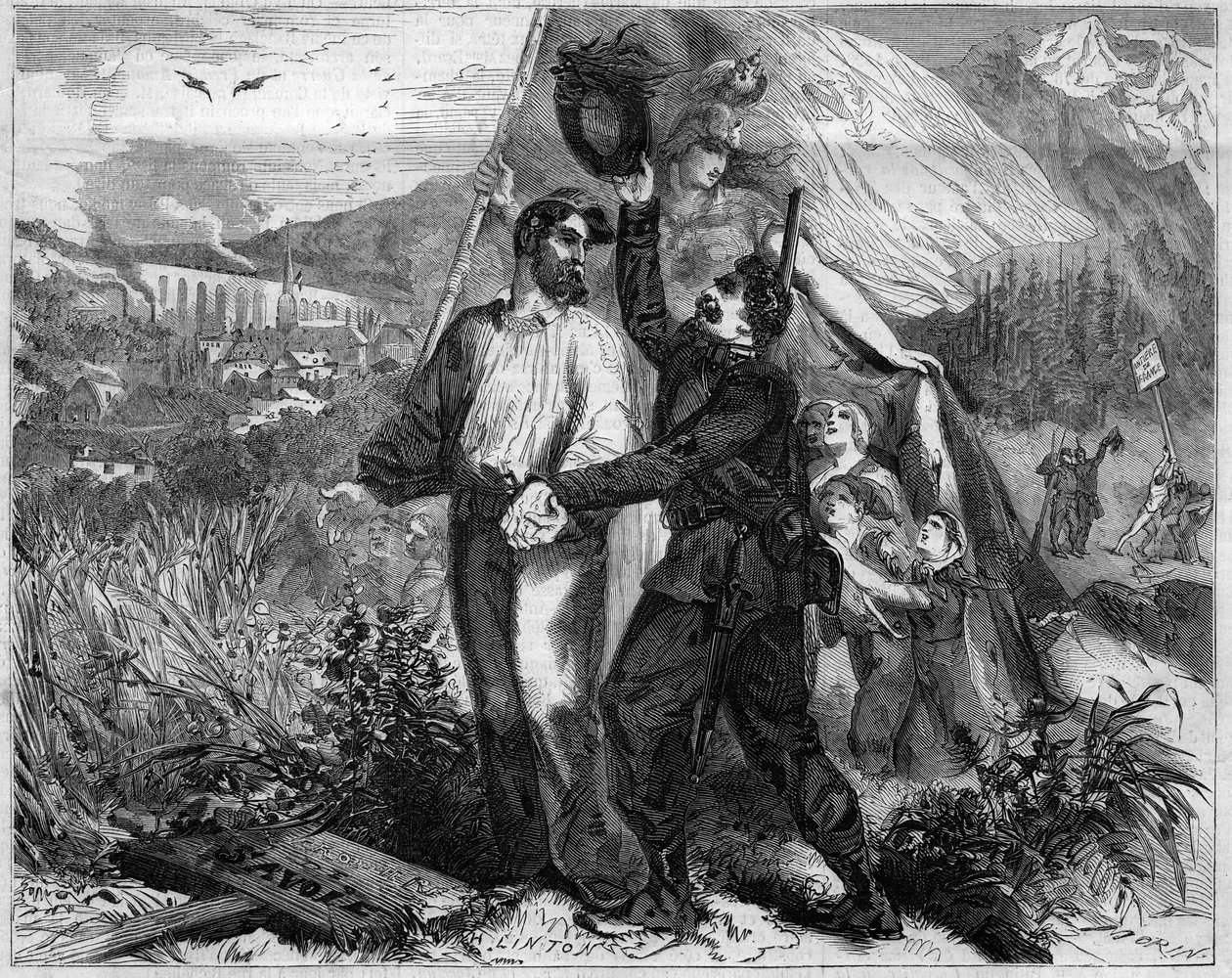 صورة رمزية لضم سافوي إلى فرنسا عام 1860. نقش في "Le Monde Illustré" رقم 167 بتاريخ 23 يونيو 1860. بواسطة المدرسة الفرنسية