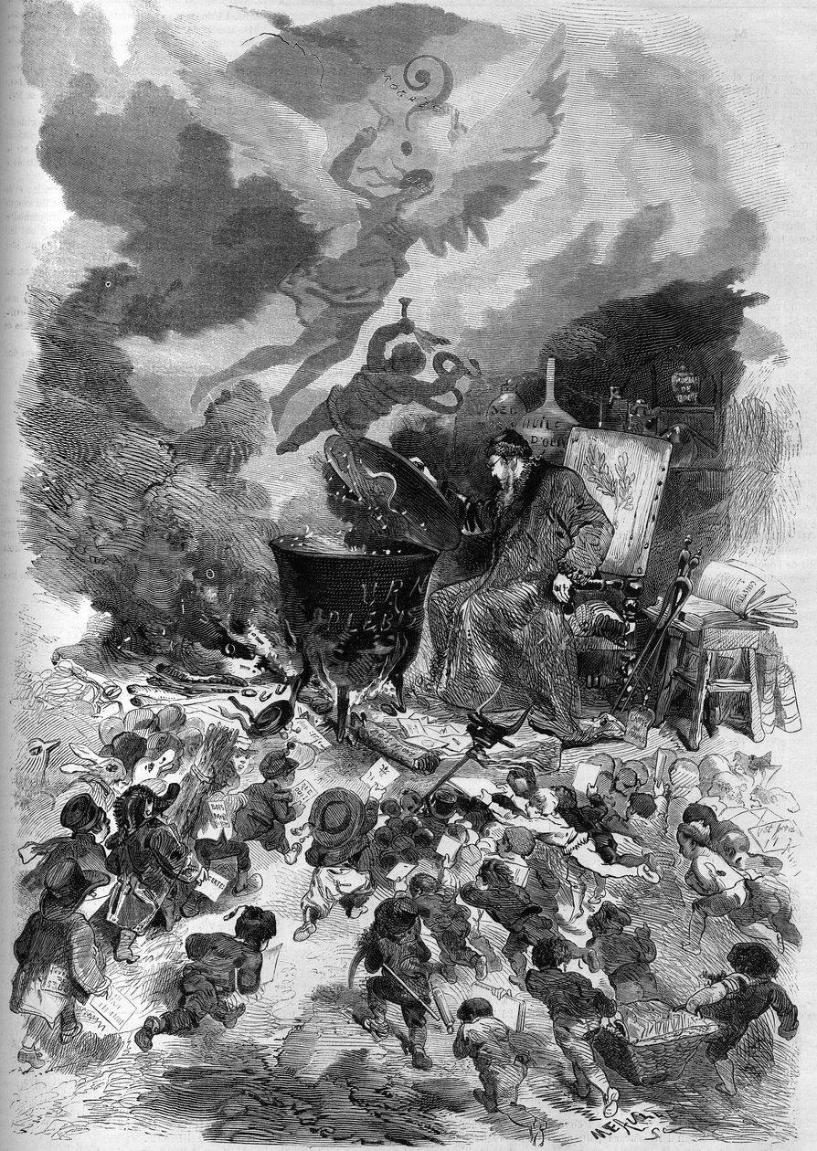 صورة رمزية لاستفتاء نابليون الثالث في عام 1870. أصبح صندوق الاقتراع العام بمثابة وعاء يغلي فيه التصويت الشعبي. تغذي النار حطب الشجرة القديمة للدستور الفرنسي. نقش إدموند مورين في "" The Illustrous Worl بواسطة المدرسة الفرنسية