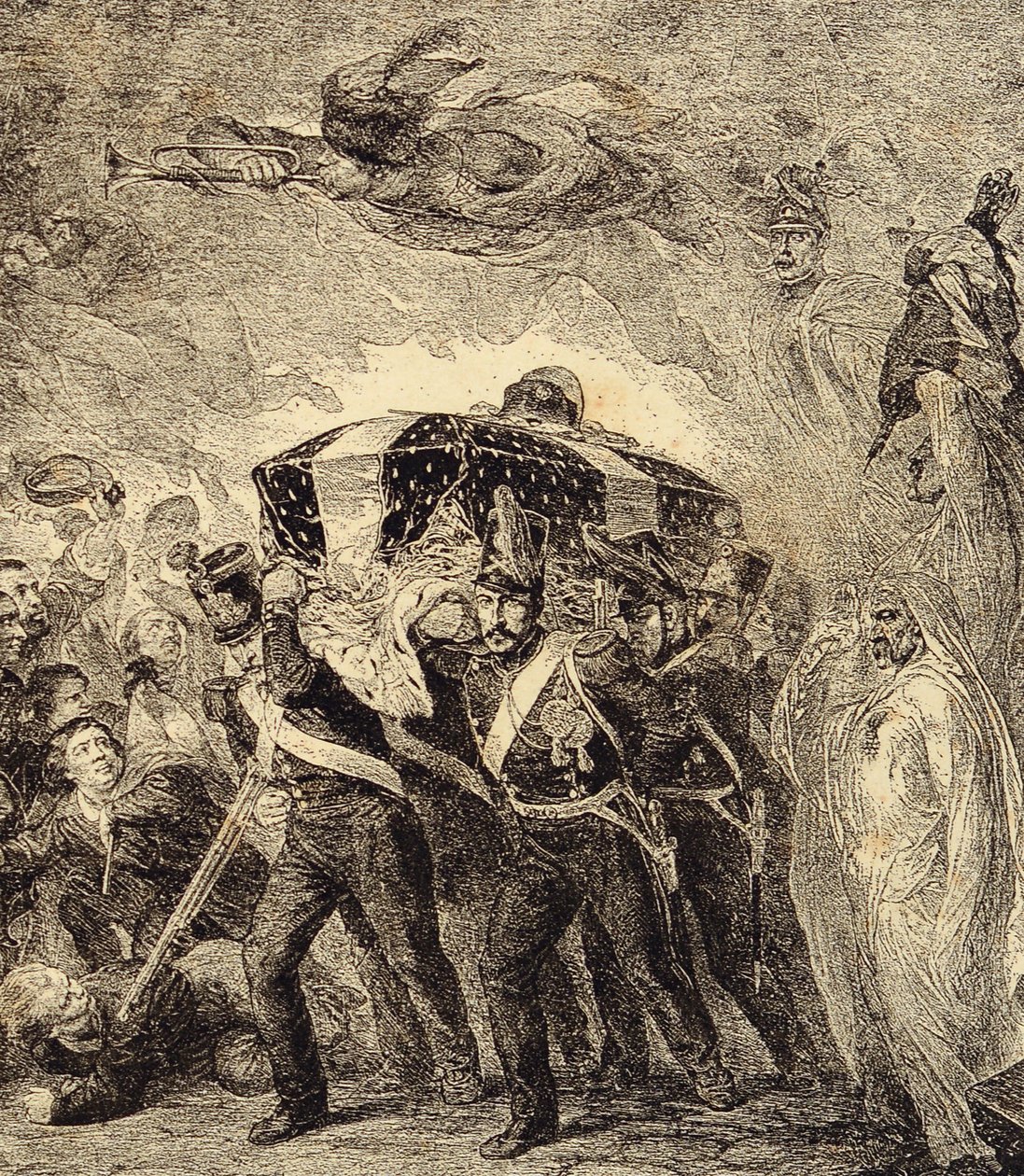 رمزية عودة رماد الإمبراطور الفرنسي نابليون بونابرت في عام 1840. القرن التاسع عشر (نقش من quot;الكلور، الأعراف، الاستخدامات، الأزياء، الاختراعاتquot; بواسطة المدرسة الفرنسية
