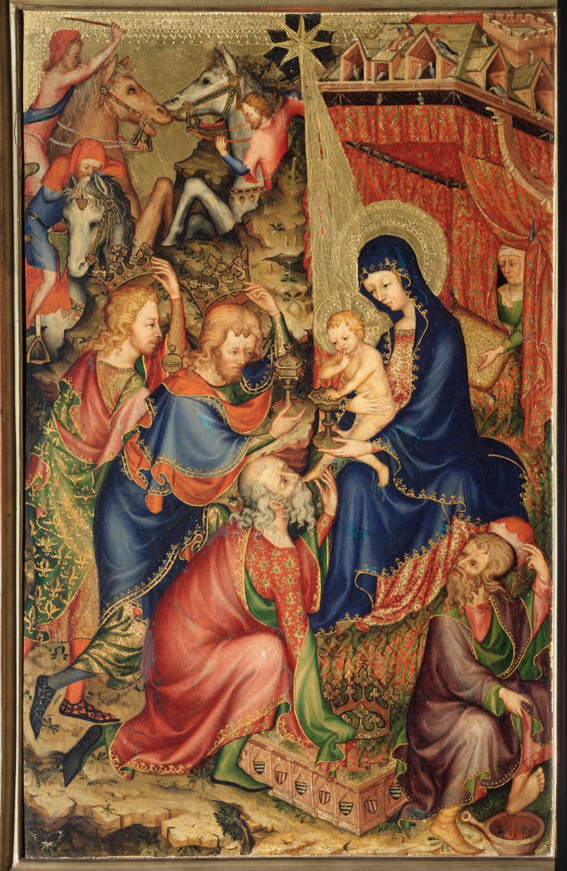 Altarolo del Bargello: عشق المجوس - (diptych of Bargello ، Adoration of the Magi) لوحة مجهولة المصدر للمدرسة الفرنسية للقرن الرابع عشر (المدرسة الفرنسية ، القرن الرابع عشر) فلورنسا ، Museo Nazionale del Bargello بواسطة المدرسة الفرنسية