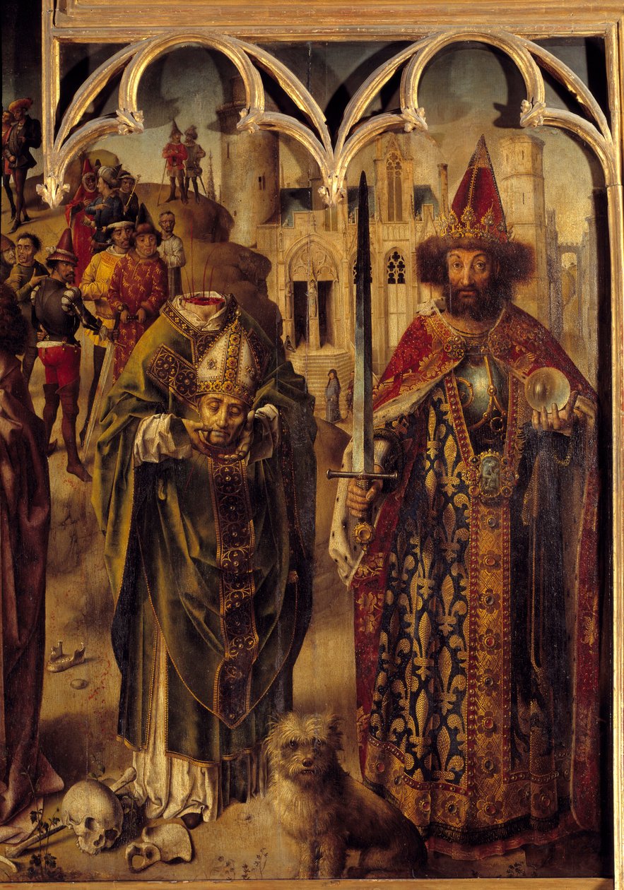 Altarpiece of the Parliament of Paris: detail of the right part representing the Christian martyr Saint Denis of Paris (3rd century) is decapite and holds his head in his hands, next to him Emperor Charlemagne (742-814) as a Byzantine emperor. The dog is a بواسطة المدرسة الفرنسية