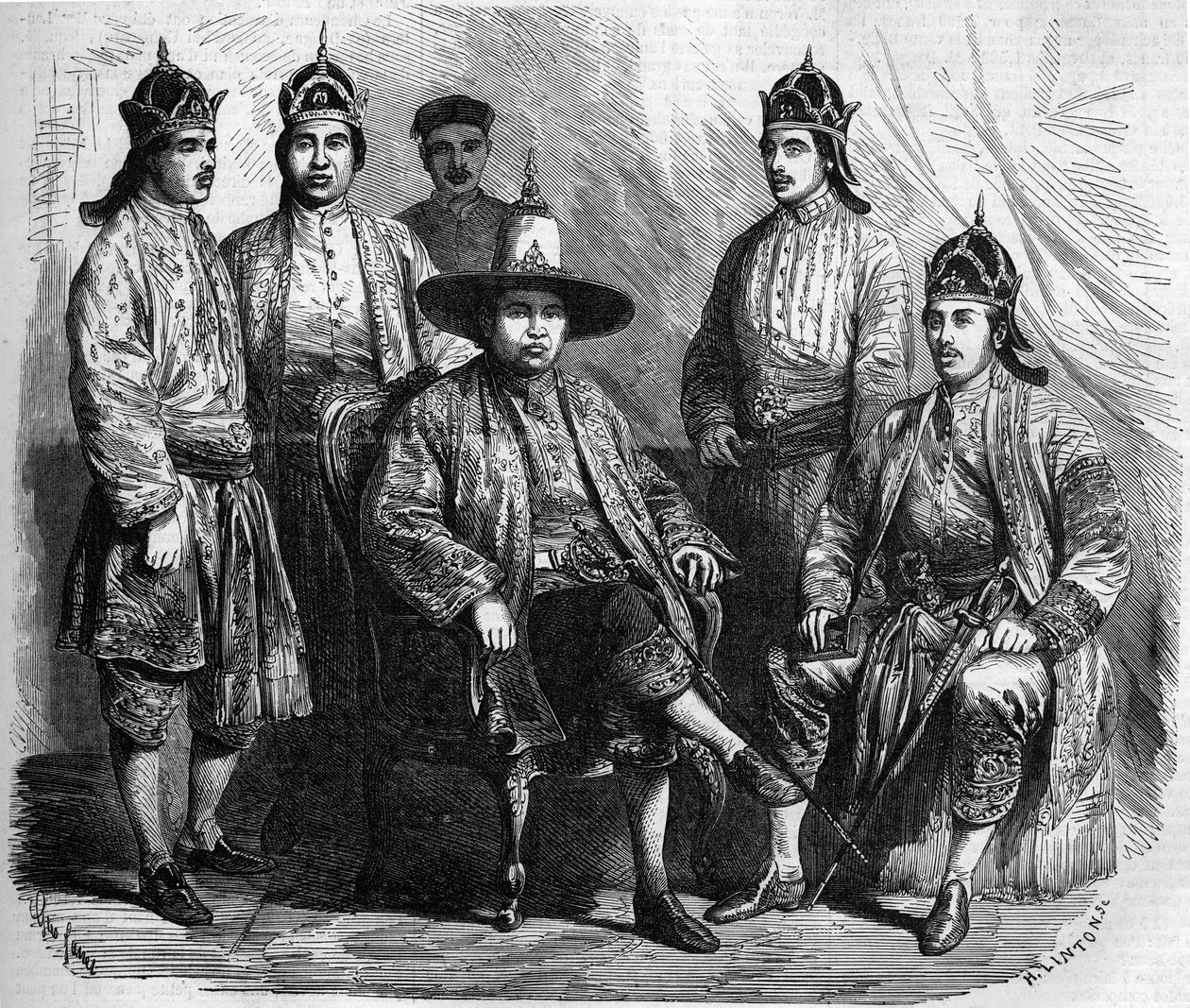 سفراء سيام (تايلاند) أثناء زيارتهم إلى باريس عام 1858. نقش في "" Le Monde Illustré "" رقم 49 بتاريخ 20 مارس 1858. بواسطة المدرسة الفرنسية
