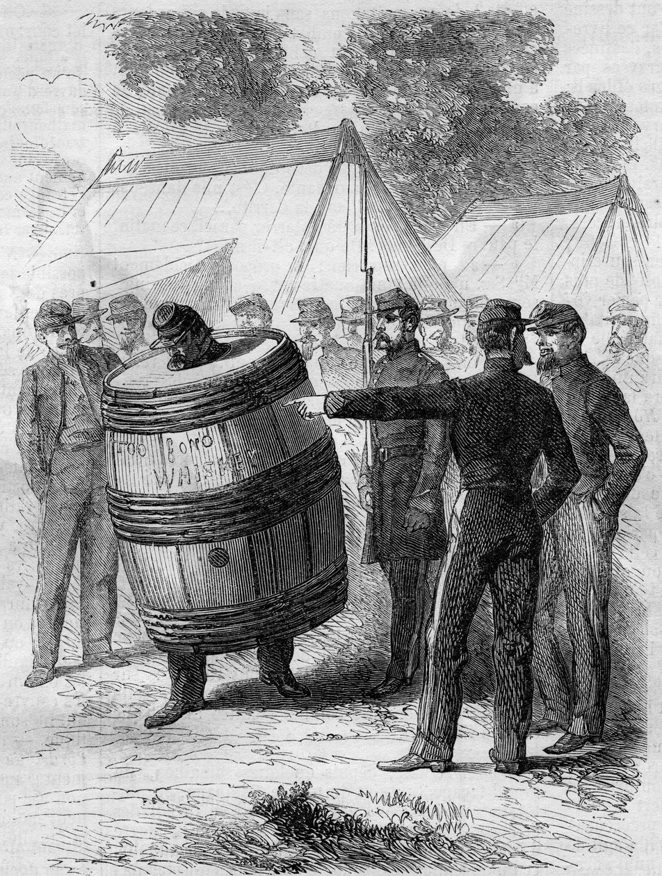 الحرب الأهلية الأمريكية (1861-1865): معاقبة جندي مخمور من جيش الكونفدرالية. كان يرتدي ثقبًا برميلًا ويتجول في المعسكر تحت أنظار الجنود الآخرين المسلية. نقش في "" Le Monde Illustré "" رقم 276 بتاريخ 26 يوليو 1862. بواسطة المدرسة الفرنسية
