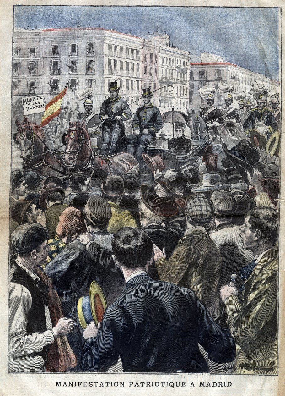 الحرب الأمريكية الإسبانية (أو ديزاستري عام 1898) - مظاهرة وطنية في مدريد عام 1898 بحضور الملكة ماري كريستين ملكة إسبانيا (1858-1929) - نقش في "لا بيتيت جيروند" عام 1898 بواسطة المدرسة الفرنسية