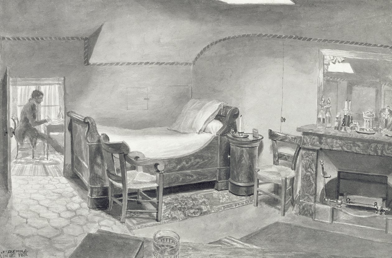 الداخلية العلية لفنان في باريس ، c.1830 (قلم وحبر بني داكن ومراحيض بني داكن على الورق) بواسطة المدرسة الفرنسية