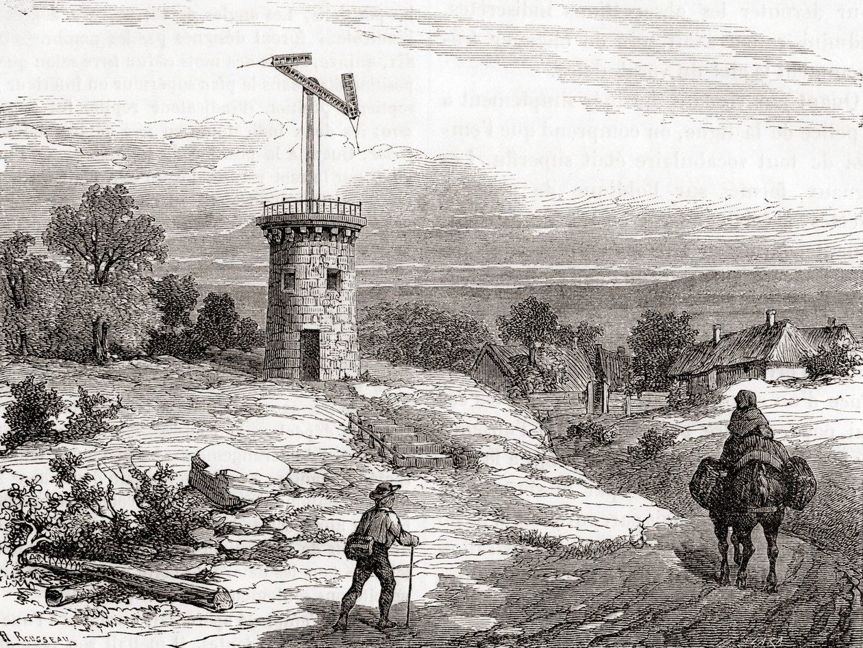 An aerial telegraph post in the 18th century, from Les Merveilles de la Science, published c.1870 (engraving) بواسطة المدرسة الفرنسية