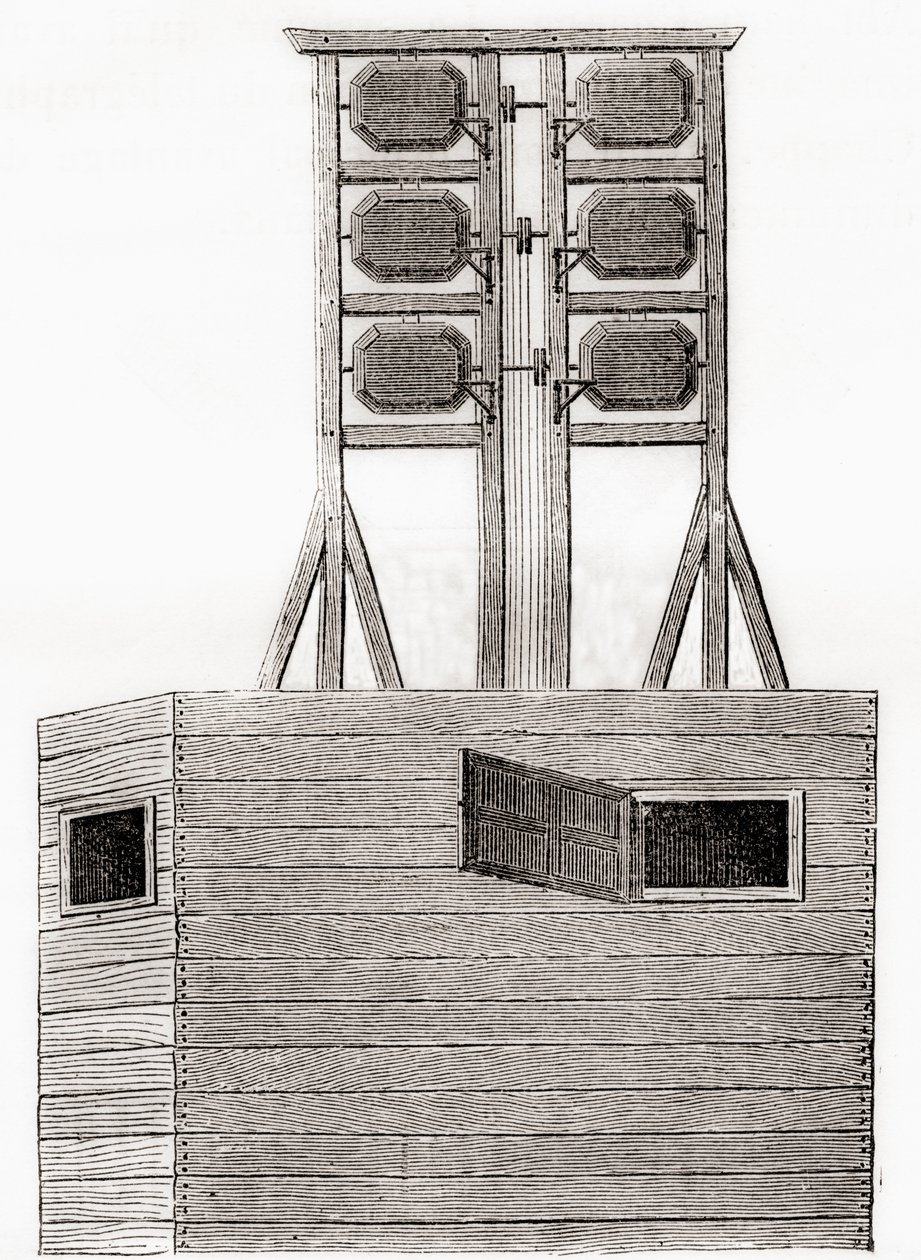 An aerial telegraph system used in England in the 18th century, from Les Merveilles de la Science, published c.1870 (engraving) بواسطة المدرسة الفرنسية