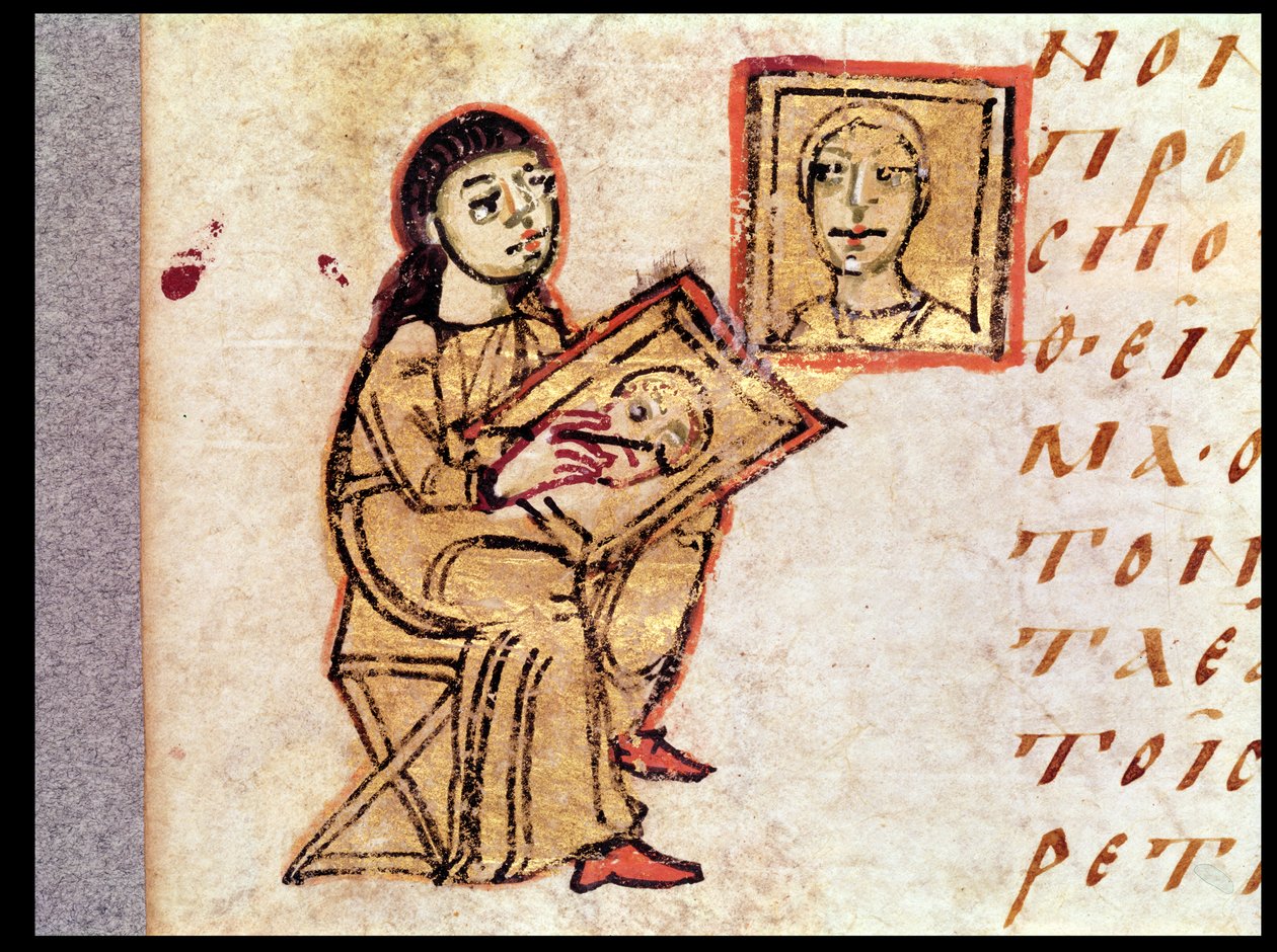 فنان يقوم بنسخ لوحة ، من Sacra Parallela بواسطة القديس جون الدمشقي (DC754) بواسطة المدرسة الفرنسية