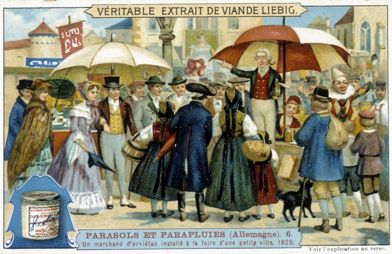 تاجر أورفيتي (دجال) مثبت في معرض بلدة صغيرة في ألمانيا - ملصق الإعلان Liébig ، v1900 بواسطة المدرسة الفرنسية