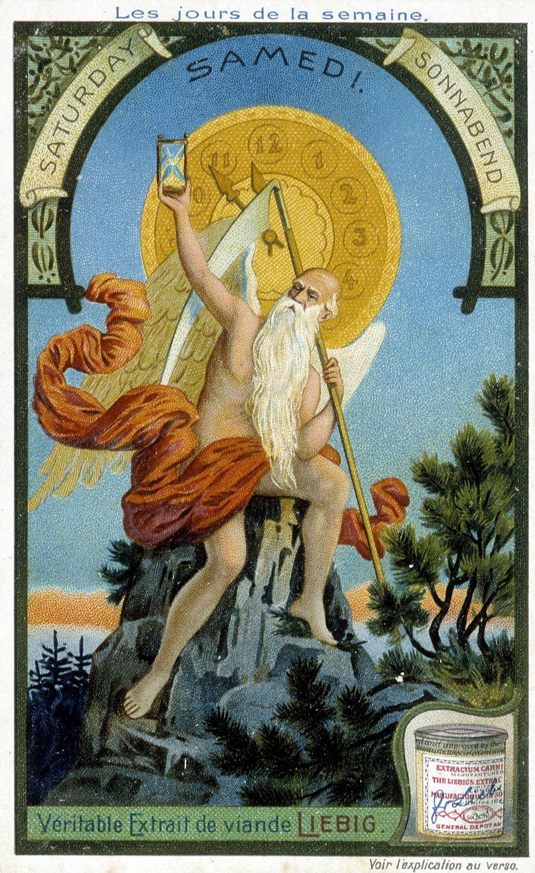 الألوهية القديمة تحمل ساعة رملية كرمز لمضي الوقت لتوضيح يوم السبت. بطاقة إعلانات Liebig Chromolithographic الإعلانية. بواسطة المدرسة الفرنسية