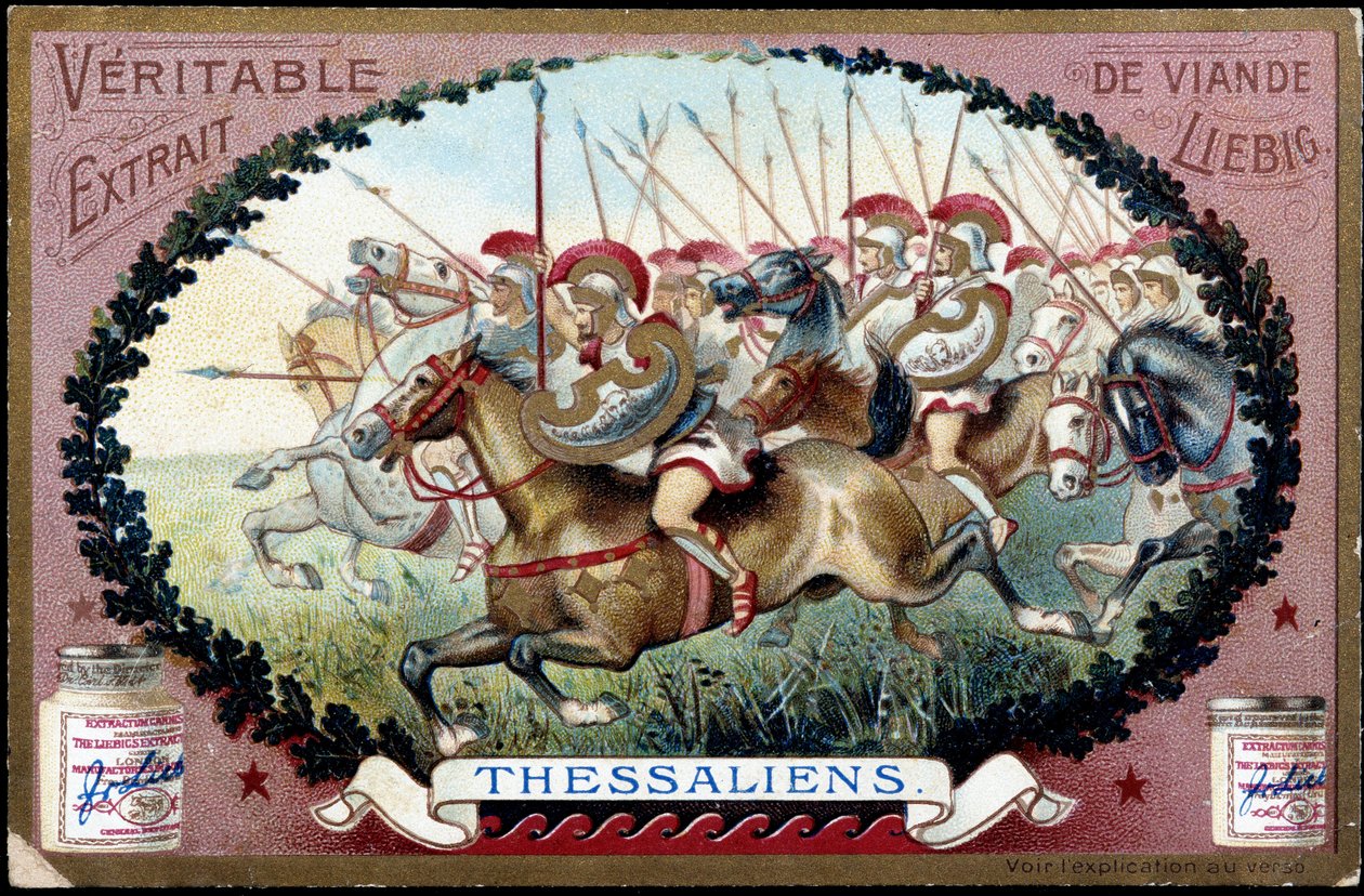 اليونان القديمة: ثيساليا في العصور القديمة. هجوم الفرسان الثيسالي على الرومان. ليبيج chromolithography من نهاية القرن التاسع عشر. بواسطة المدرسة الفرنسية