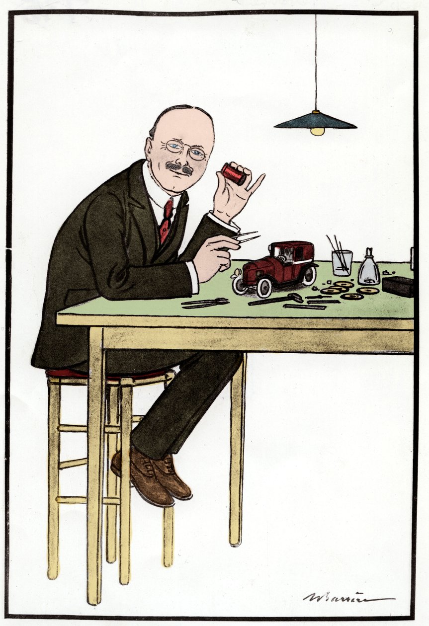 أندريه سيتروين (1878-1935)، يصنع سيارة نموذجية؛ رسم بواسطة باريير. بواسطة المدرسة الفرنسية