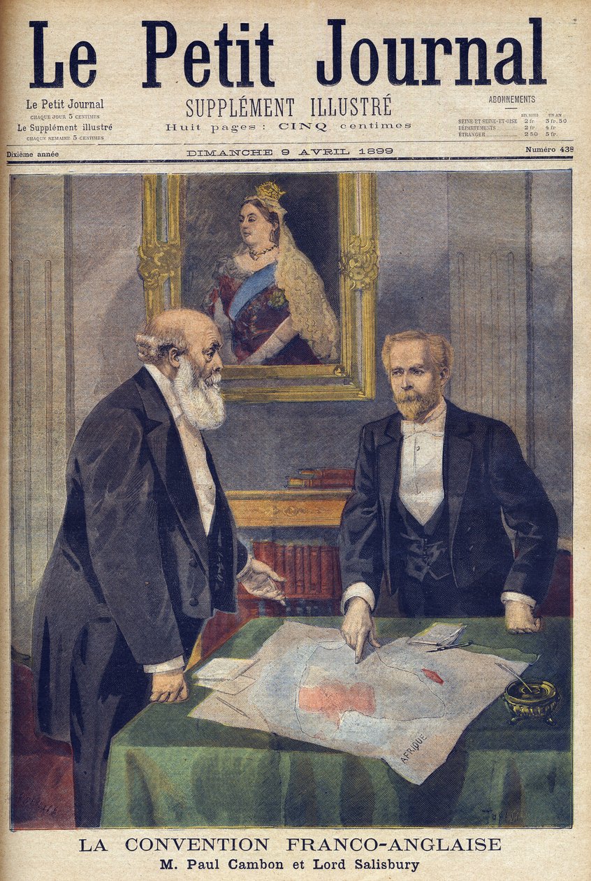 الاتفاقية الأنجلو-فرنسية الموقعة في لندن من قبل بول كامبون (1843-1924) واللورد سالزبوري (1830-1904) من "لو بيتي جورنال" ، 9 أبريل 1899 (نقش) بواسطة المدرسة الفرنسية