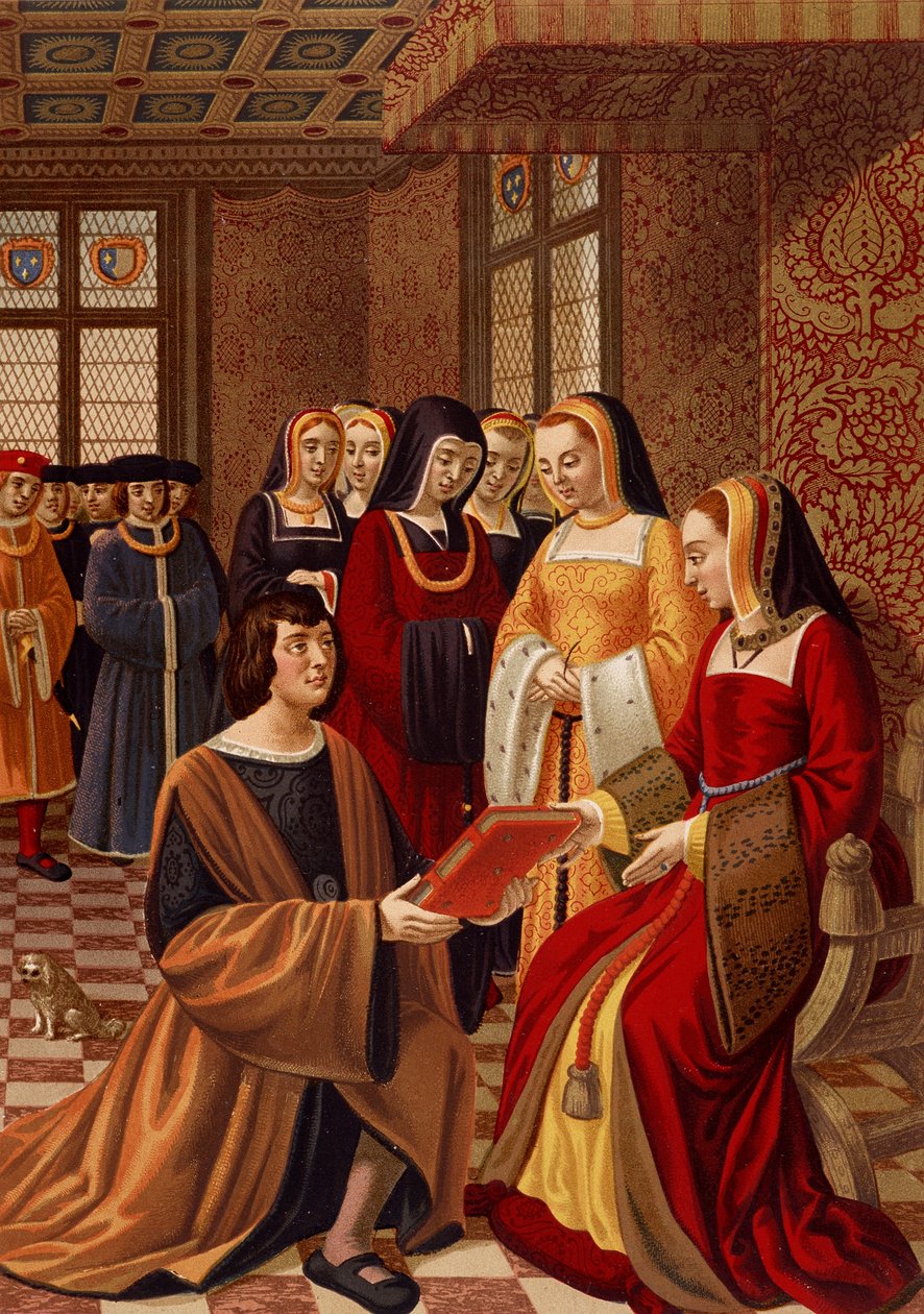 آن بريتاني (1477-1514) محاطة بسيدات الشرف. الطباعة الحجرية الملونة بعد منمنمة القرن السادس عشر. مكتبة الآداب ديكو ، باريس بواسطة المدرسة الفرنسية