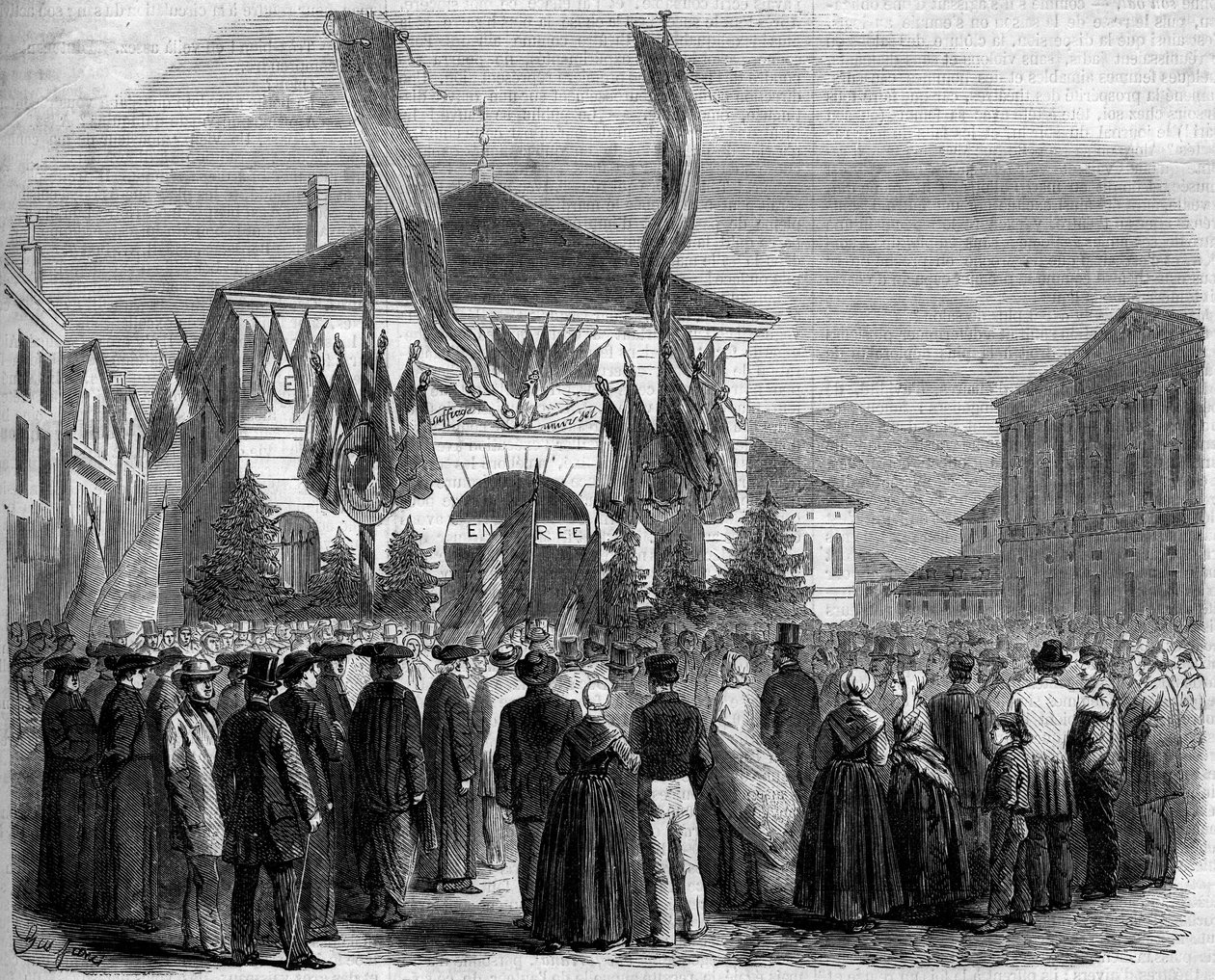 ضم سافوا إلى فرنسا ، شامبيري ، 22 أبريل 1860: تصويت السكان على إلحاق سافوا بفرنسا. نقش في "" Le Monde Illustré "" رقم 160 بتاريخ 5 مايو 1860. بواسطة المدرسة الفرنسية