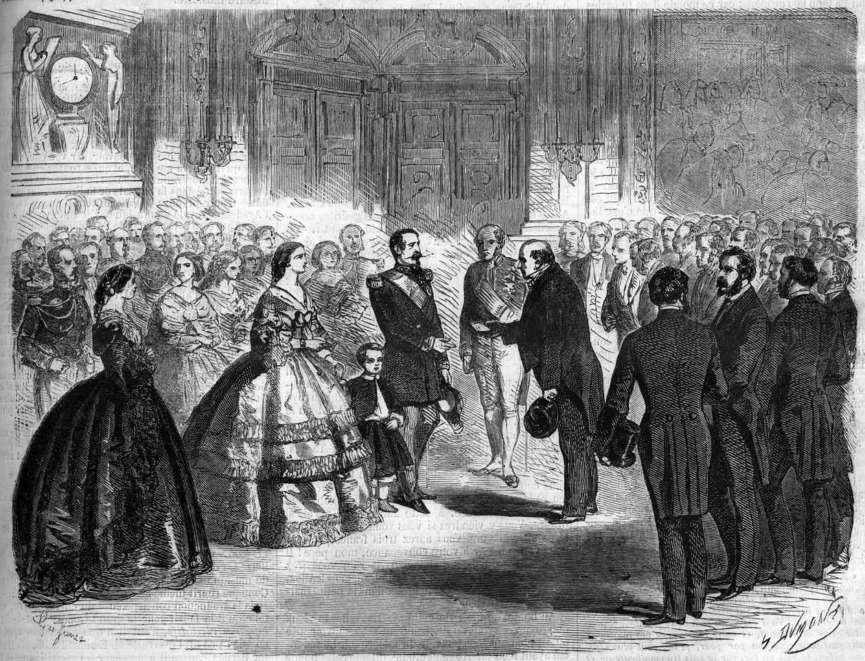 ضم سافوي إلى فرنسا ، باريس ، 22 مارس 1860: استقبال Amedee Greyfie de Bellecombe (1811-1879) ووفد سافوي من قبل الإمبراطور نابليون الثالث (1808-1873) والإمبراطورة أوجيني دي مونتيجو (1826-1920) في التويلري. نقش في "" Le Mo بواسطة المدرسة الفرنسية