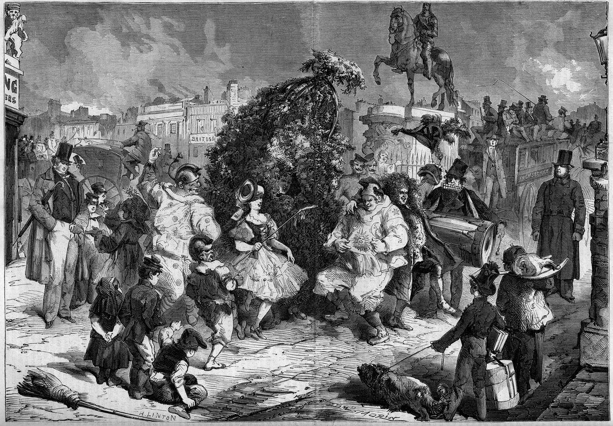 العيد السنوي للمداخن الصغيرة في شوارع لندن ، إنجلترا ، مايو 1860. أثناء الرقص الذي يحتفل بقدوم الربيع ، يجلس الطفل مع المتفرجين ؛ نقش في "Le Monde Illustré" رقم 160 بتاريخ 12 مايو 1860. بواسطة المدرسة الفرنسية