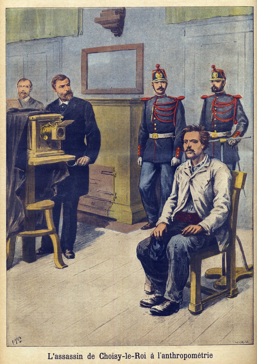 قياس الأنثروبومترية - رسم توضيحي لألفونس بيرتيلون (1853-1914) من 'Le Petit Journal' مايو 1899 (نقش) بواسطة المدرسة الفرنسية