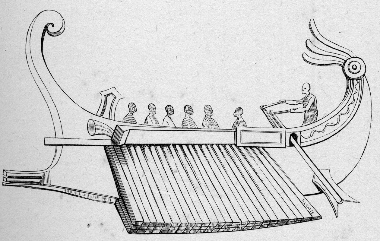 يحتوي Antique Galere على ثلاثة صفوف من المجذاف. نقش في "La Marine et les Colonies: Commerce" بواسطة المدرسة الفرنسية