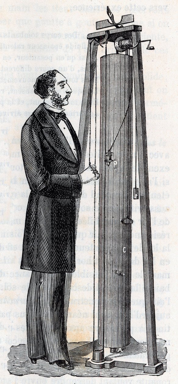 جهاز من تأليف آرثر جولز مورين (1795-1880) جهاز لدراسة سقوط الجثث - نقش في "" العلوم التي جلبها الجميع - الفيزياء والكيمياء الشعبية "بواسطة Alexis Clerc - نهاية القرن التاسع عشر - مجموعة خاصة بواسطة المدرسة الفرنسية