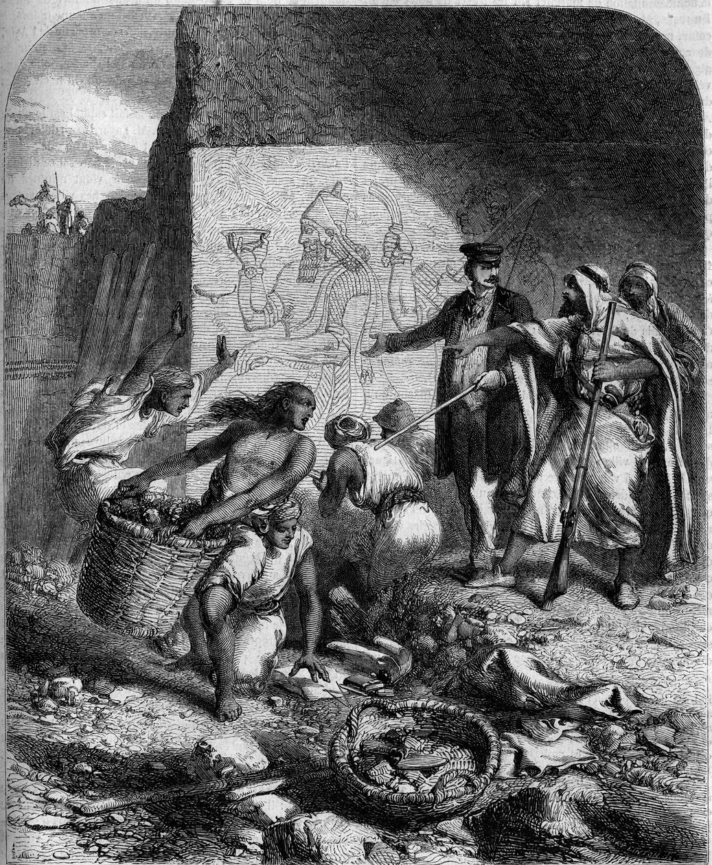 الحفريات الأثرية: اكتشف عالم الآثار الإنجليزي أوستن هنري لايارد نقوش آشورية منخفضة في نمرود (آسيا الصغرى) بواسطة المدرسة الفرنسية