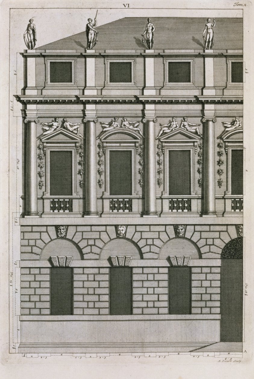تصميم معماري يوضح نسب بالاديان ، نقشها برنارد بيكارت (1673-1733) ج .1716 بواسطة المدرسة الفرنسية