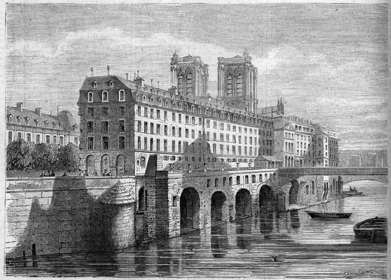 الهندسة المعمارية: منظر خارجي لـ Hotel Dieu في Ile de la Cite في باريس ، قبل هدمه. منظر مأخوذ من Quai de la Tournelle في عام 1859. نقش في "" Le Monde Illustré "" رقم 136 بتاريخ 19 نوفمبر 1859. بواسطة المدرسة الفرنسية