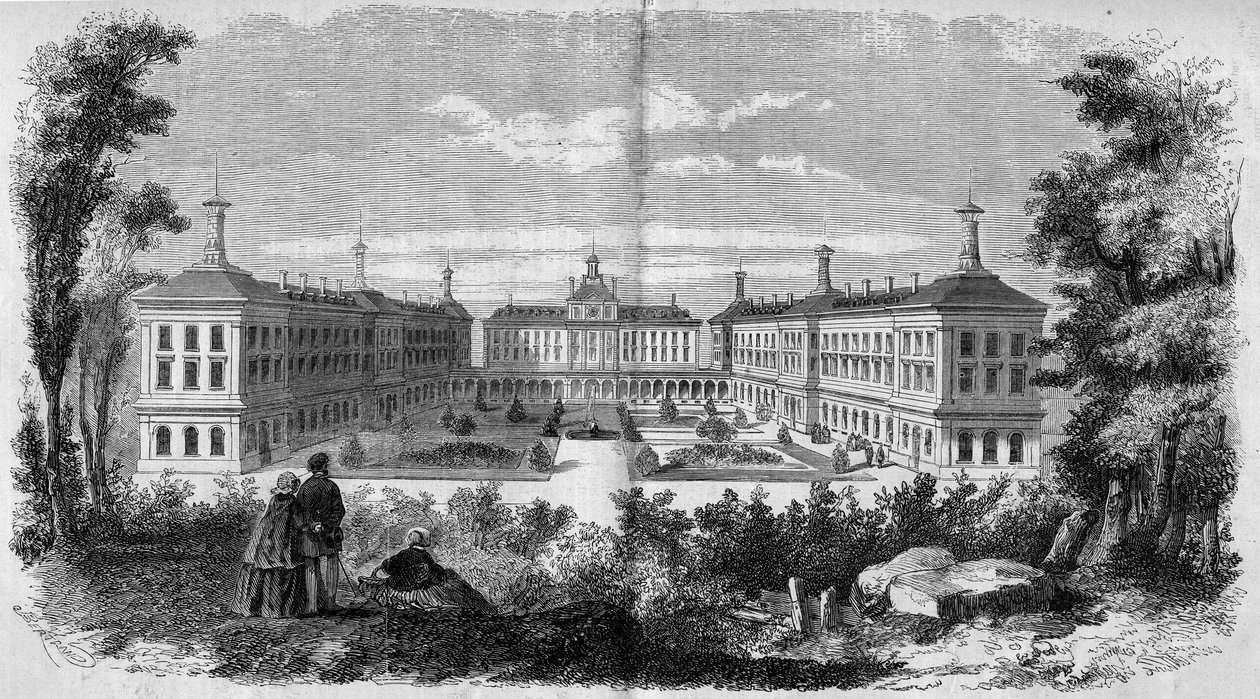العمارة: منظر عام للمستشفى العسكري في فينسين (1858). نقش في "" Le Monde Illustré "" رقم 61 بتاريخ 12 يونيو 1858. بواسطة المدرسة الفرنسية