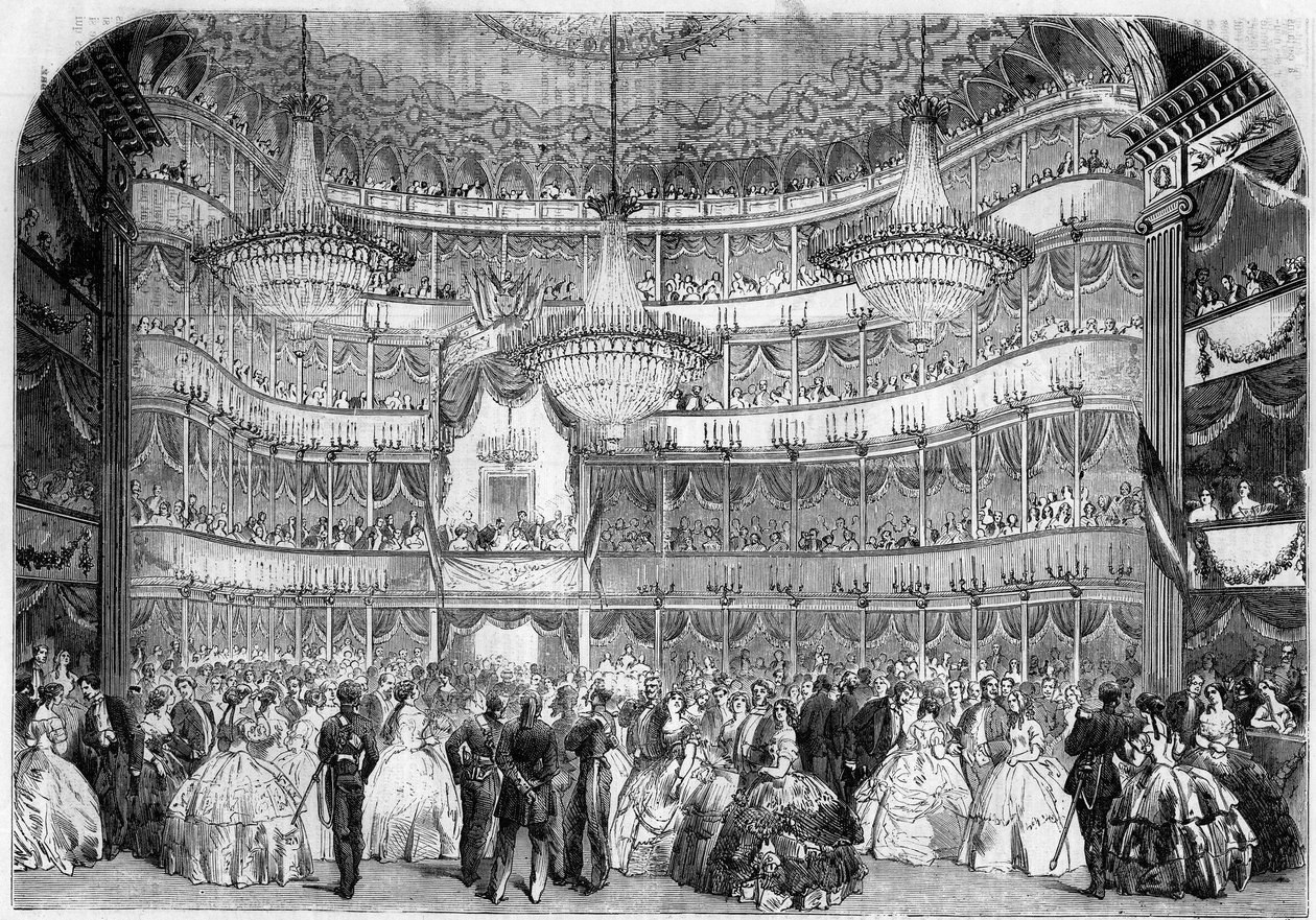 العمارة: منظر داخلي للمسرح الملكي (القرن التاسع عشر) في نيس (Alpes Maritimes ، 06) ، في عام 1858 ، خلال الحفلة الخيرية التي قدمتها Societe francaise d'assistance ، تحت رعاية دوقة بادن الكبرى ، ستيفاني دي بوهارني (1789-18 بواسطة المدرسة الفرنسية