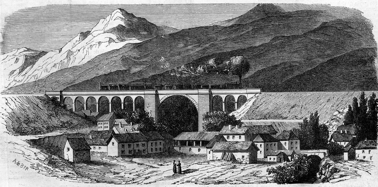 الهندسة المعمارية: منظر لجسر Bellegarde (رون ألب) على خط السكة الحديد الذي يربط ليون بجنيف. 1858. نقش في "Le Monde Illustré" رقم 49 بتاريخ 20 مارس 1858. بواسطة المدرسة الفرنسية
