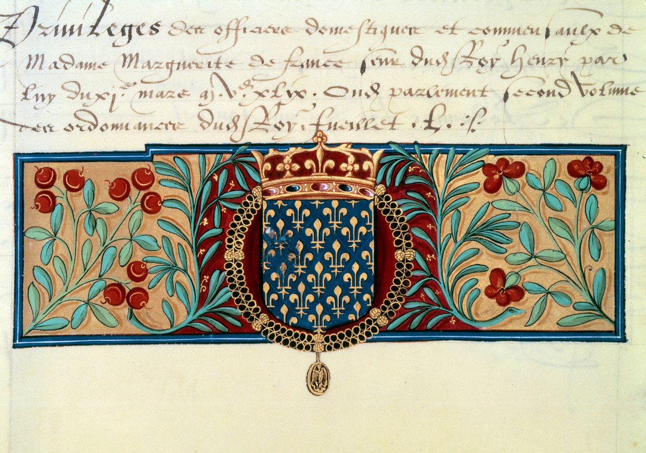 Armes de France (محاطة بقلادة من وسام القديس ميشيل (Saint Michel) ويعلوها التاج الملكي) بواسطة المدرسة الفرنسية