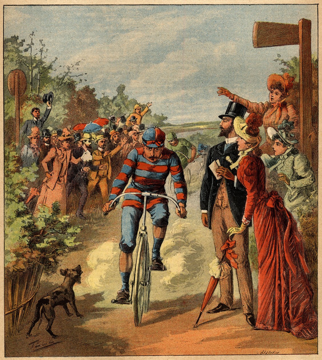 وصول سباق دراجات في الريف الفرنسي. نقش في "" La Terre Illustree "رقم 81 بتاريخ 19 مايو 1892. بواسطة المدرسة الفرنسية