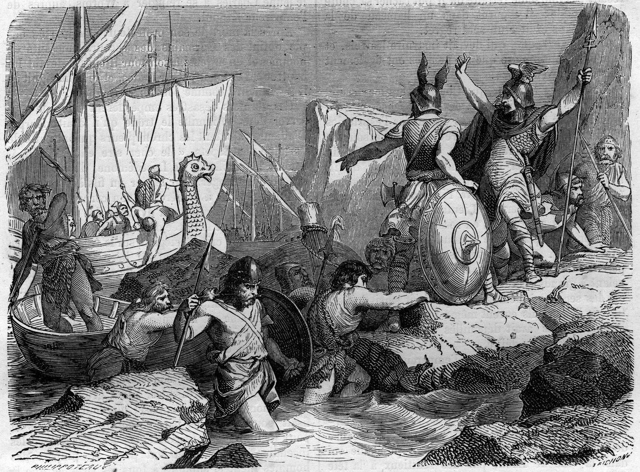 وصول النورمانديين على الساحل الفرنسي في العصور الوسطى. نقش في "Histoire des papes-kings-queens-et-empereurs a travers les years" بقلم موريس لاتشاتر بواسطة المدرسة الفرنسية