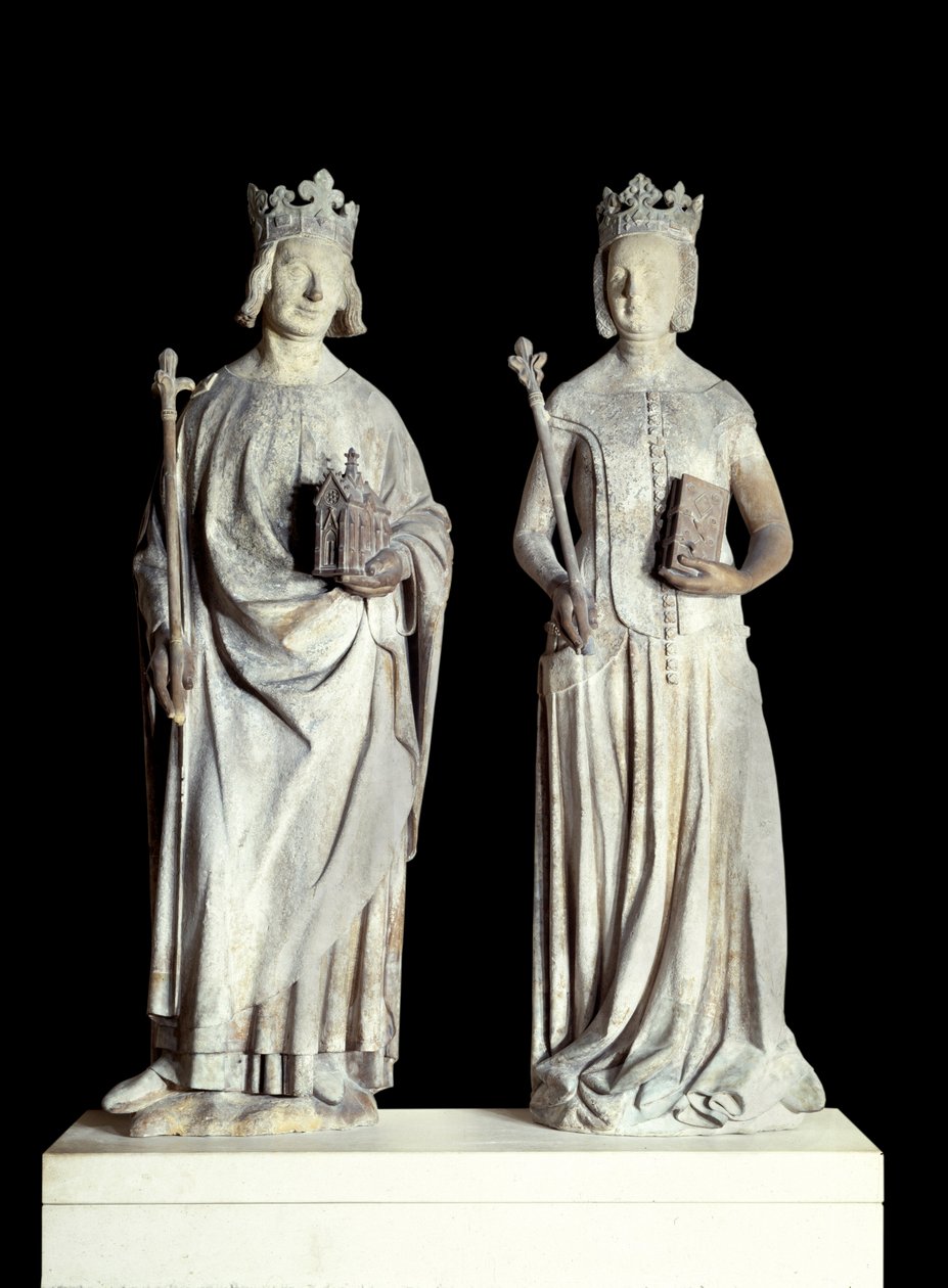 Art France: تماثيل لملك فرنسا شارل الخامس المعروف باسم شارل الحكيم (1338-1380) وملكة فرنسا جان دي بوربون (1337-1378). النحت من الحجر الجيري من القرن الرابع عشر. ربما من واجهة المدخل الشرقي لمتحف اللوفر (ديكور بواسطة المدرسة الفرنسية