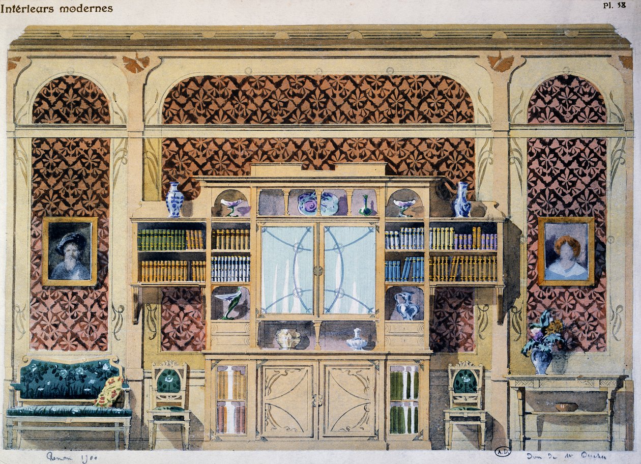 مكتبة على طراز فن الآرت نوفو ، رسم توضيحي من مجلة Interieurs Modernes (Modern Interiors) بواسطة المدرسة الفرنسية