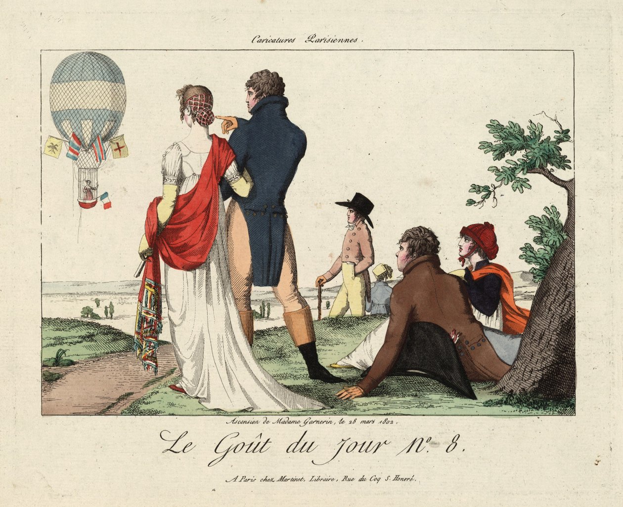 صعود السيدة Garnerin ، 28 مارس 1802 ، من Le Gout du Jour No.8 ، c.1870 ، (النقش اليدوي) بواسطة المدرسة الفرنسية