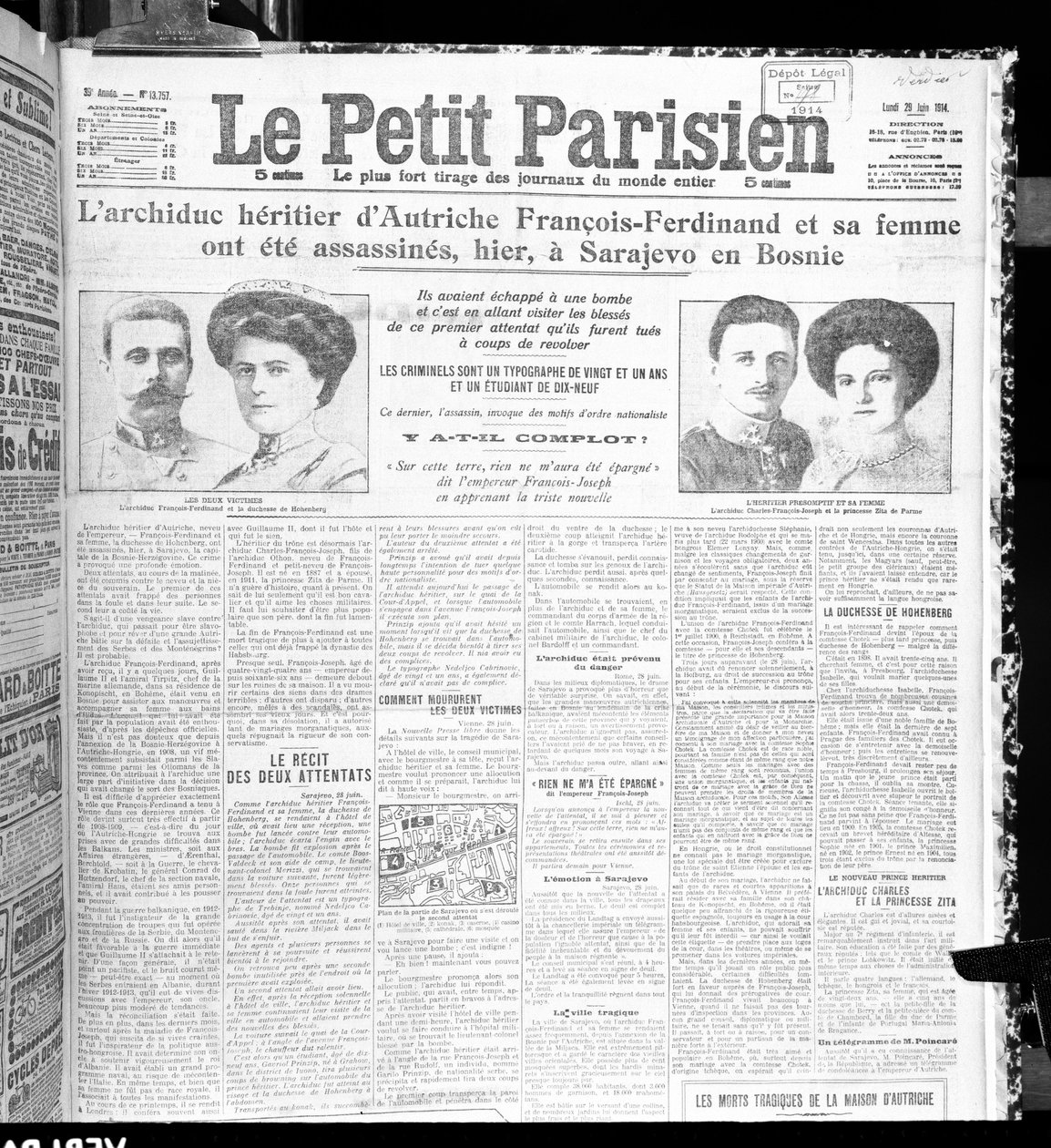 اغتيال الأرشيدوق فرانز فرديناند من النمسا (1863-1914) وزوجته من لو بيتي باريزيان ، 29 يونيو 1914 بواسطة المدرسة الفرنسية