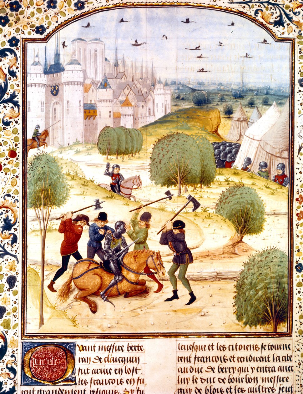 اغتيال فارس إنجليزي خارج باريس عام 1437 (حرب 100 عام) إضاءة من سجلات إنجلترا كتبها جان دي وافرين بواسطة المدرسة الفرنسية