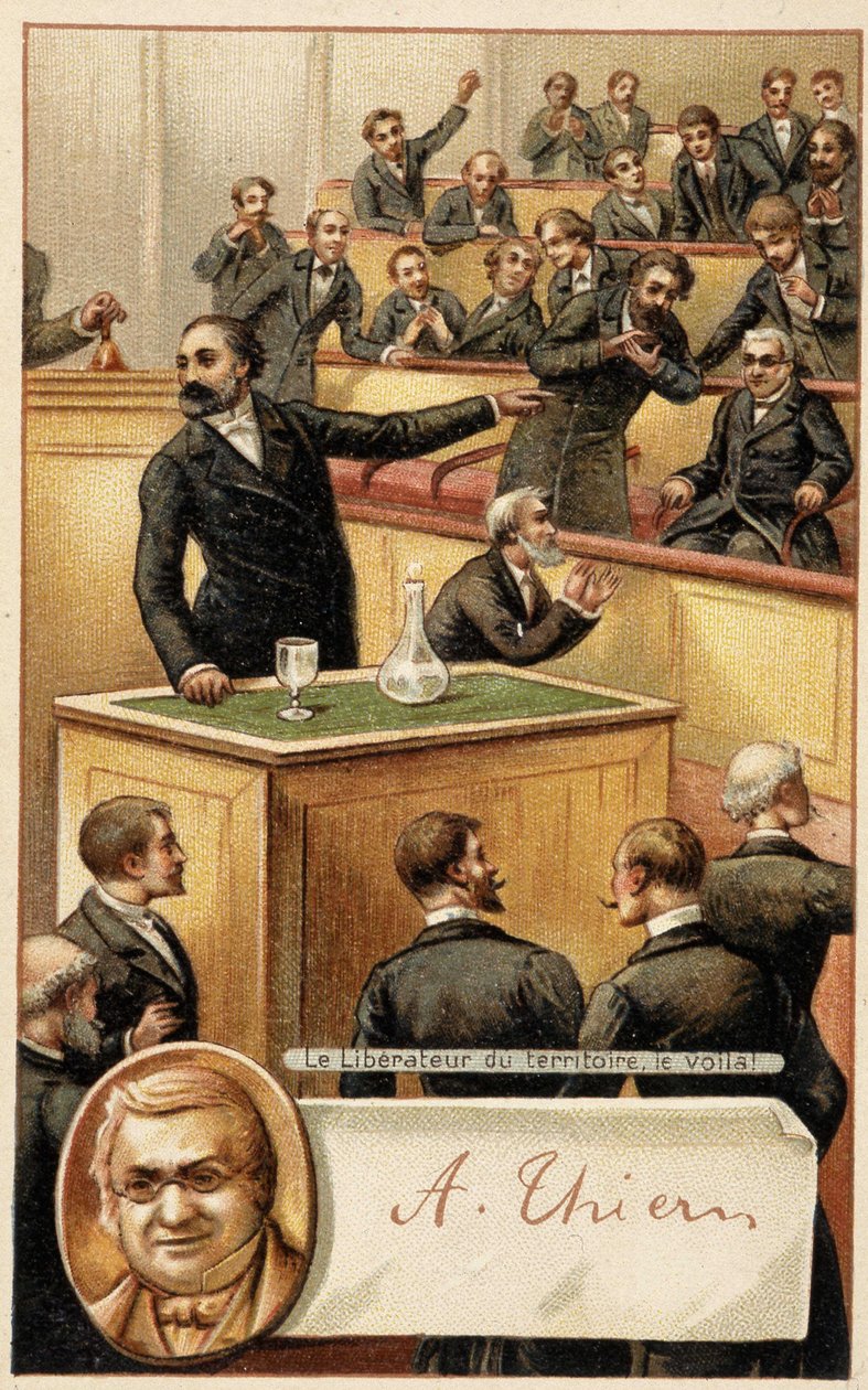 Assembly cheering Thiers, “” liberator of the territory”” and portrait in medallion - chromo., late 19th century. بواسطة المدرسة الفرنسية