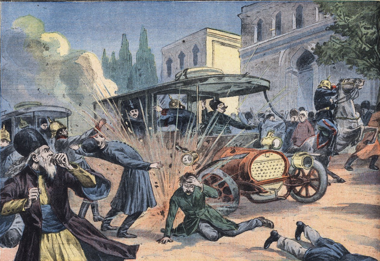 الهجوم على شاه بلاد فارس محمد علي شاه قاجار (1872-1925). نقش من جريدة "Le Petit Parisien" " بواسطة المدرسة الفرنسية