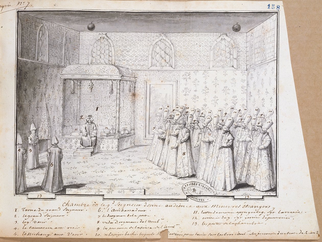 غرفة استقبال السلطان بالقسطنطينية لاستقبال السفراء. 1717 بواسطة المدرسة الفرنسية