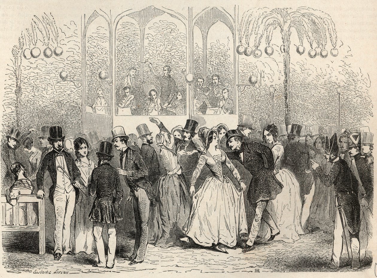 بال مابيل (مؤسسة الرقص والمتعة ، شارع مونتين ، باريس) نقش في "Tableau-de-Paris" بواسطة Edmond Texier 1852 بواسطة المدرسة الفرنسية
