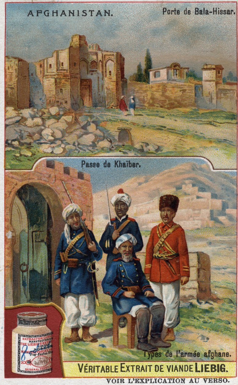 بوابة بالا حصار في أفغانستان وجنود من الجيش الأفغاني عند معبر خيبر. الإعلان عن الطباعة الحجرية الملونة للقرن التاسع عشر. بواسطة المدرسة الفرنسية
