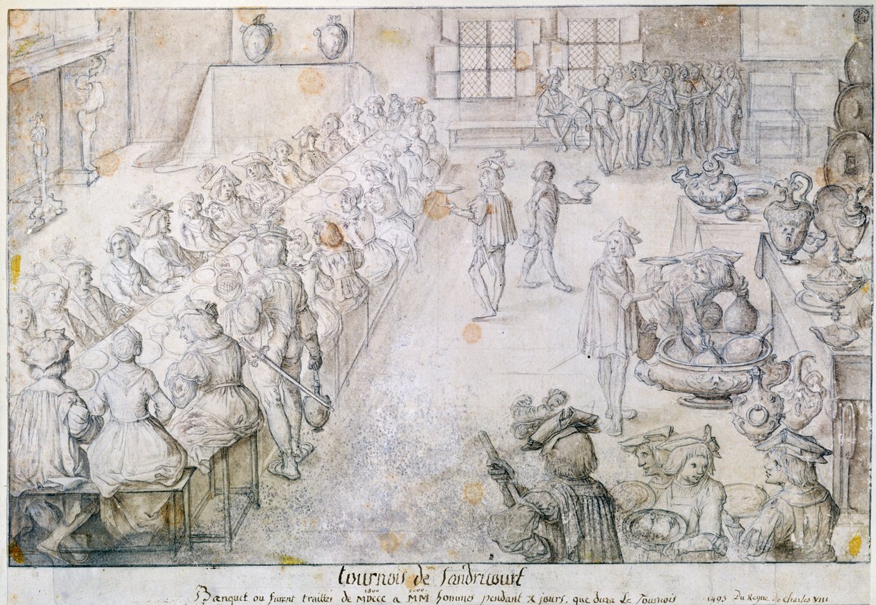 مأدبة في بطولة Sandricourt عام 1493 (حبر بني وقلم رصاص على ورق) بواسطة المدرسة الفرنسية
