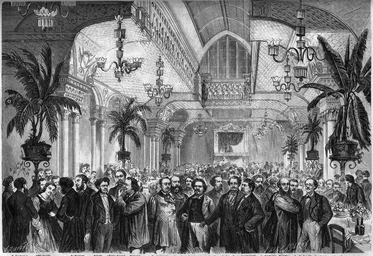 مأدبة جريدة "Le Figaro" ، أقيمت في 6 فبراير 1864 في غرفة المعيشة بمطعم du Passage des Princes في باريس ، حضرها صحفيون وكتاب وفنانون ... حاضرون ، من اليسار إلى اليمين: نيستور روكيبلان ، السيدة أوغالدي ، من مونتو ، بيتر بواسطة المدرسة الفرنسية