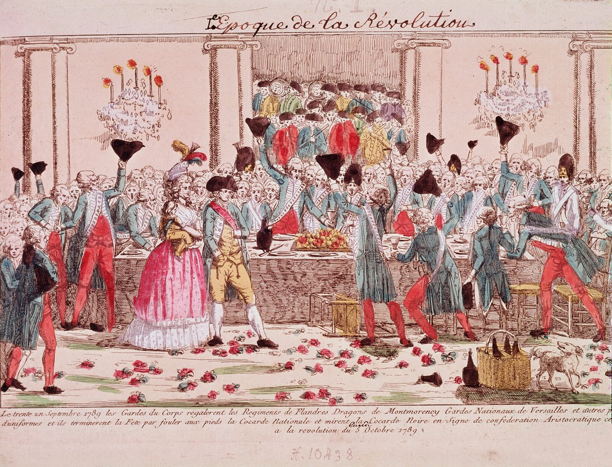 مأدبة أقامها حراس الملك الشخصيون في الأول من أكتوبر عام 1789 للترحيب بوصول فوج فلاندرز (نقش) بواسطة المدرسة الفرنسية