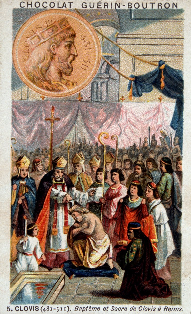 Bapteme and sacre of Clovis in the Cathedrale of Reims, December 25, 496, by Saint Remi, eveque of Reims. بواسطة المدرسة الفرنسية