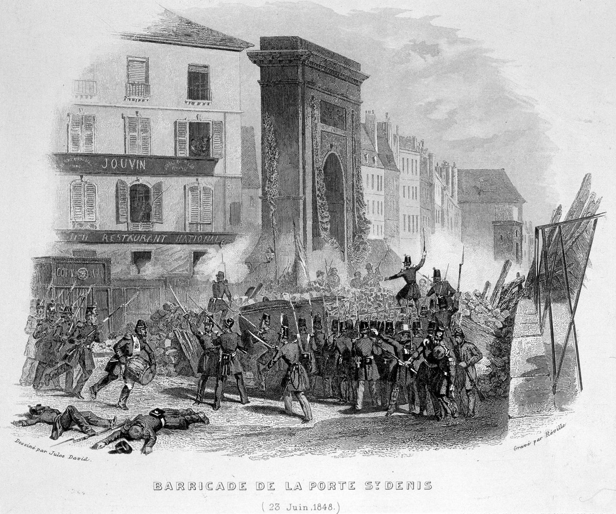حاجز Porte Saint Denis (23 يونيو 1848) - في "Fasttes de Gardes nationales de France" بواسطة المدرسة الفرنسية
