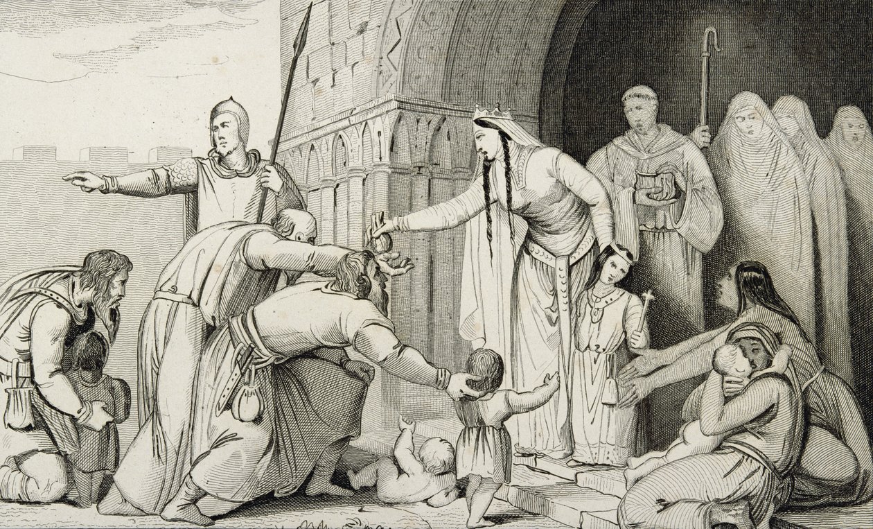 باثيلدا يعطي المال للفقراء ، من "تاريخ فرنسا" من قبل كولارت ، نُشر عام 1840 بواسطة المدرسة الفرنسية